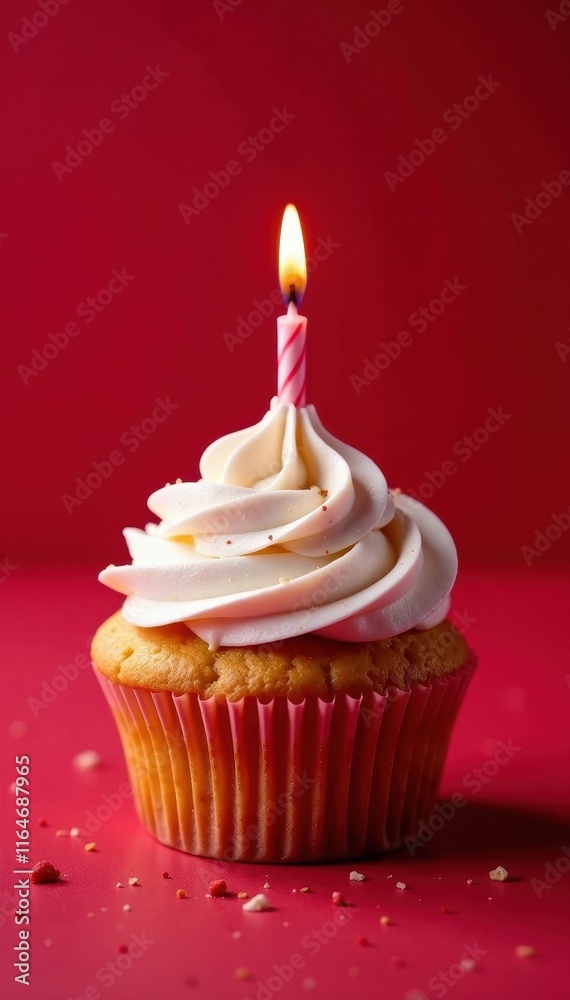 Freshly baked cupcake with a lit candle atop sits on a red velvet background, dinner, food Freshly baked cupcake with a lit candle atop sits on a red velvet background, dinner, food
