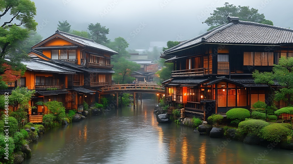 Fototapeta premium Tranquil Japanese Village Canal Scene With Traditional Houses