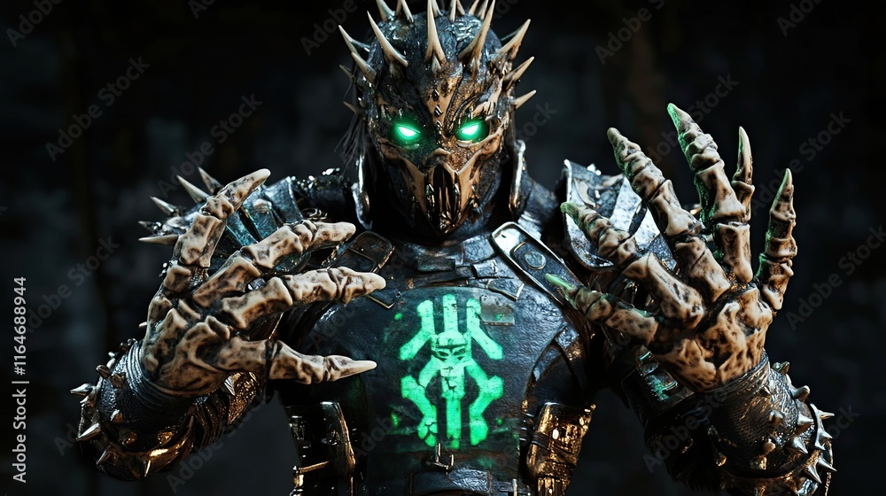 Fototapeta premium Armored Spiked Warrior With Clawed Hands Displays Power