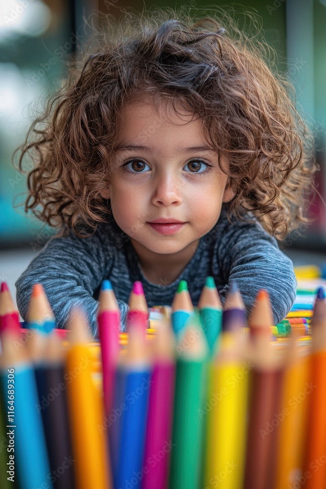 Young child focuses on colorful crayons while creating art in a bright indoor space Young child focuses on colorful crayons while creating art in a bright indoor space