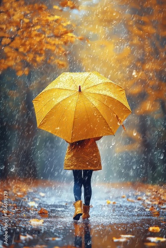 Enjoying a rainy autumn day with a yellow umbrella in a colorful landscape