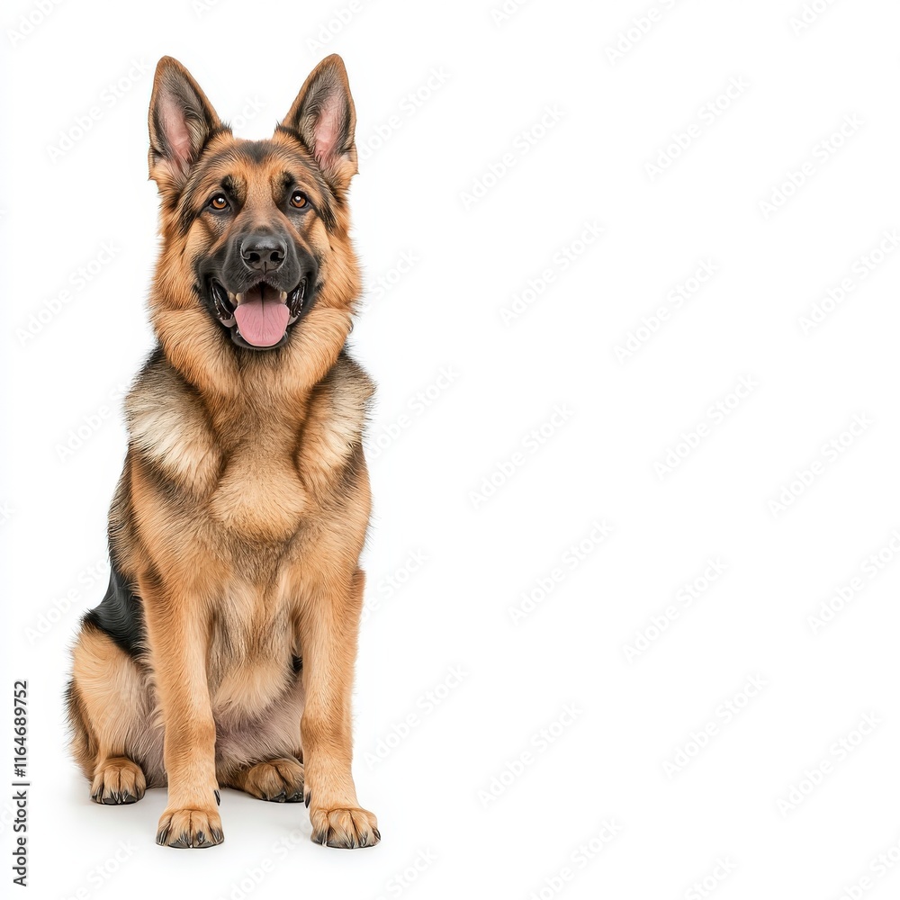 A happy German Shepherd dog sitting with a friendly expression, showcasing its beautiful fur and alert demeanor. A happy German Shepherd dog sitting with a friendly expression, showcasing its beautiful fur and alert demeanor.