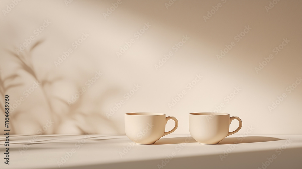 会話を感じさせるコーヒーカップ二客とベージュ背景のスタジオセット
