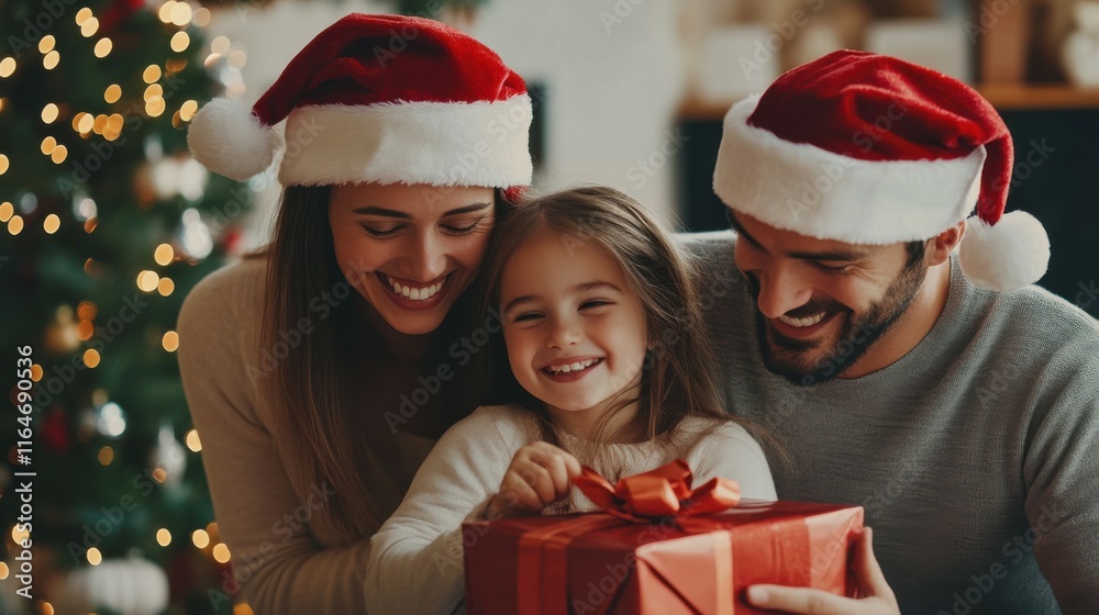 Beautiful smiling parents in santa hats giving xmas gift to their daughter, celebrating Christmas at home, copy space Beautiful smiling parents in santa hats giving xmas gift to their daughter, celebrating Christmas at home, copy space