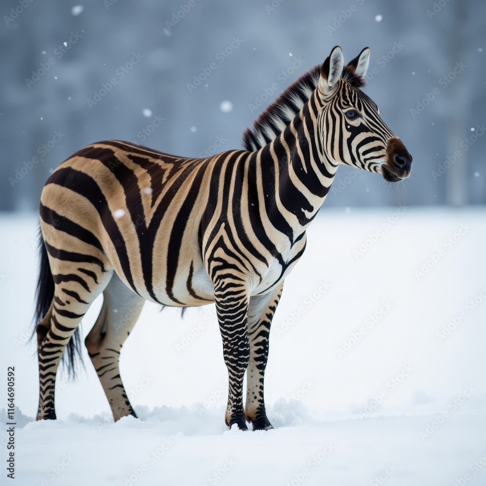 Fototapeta premium Grey striped animal standing alone in a snowy landscape, zebra, white background