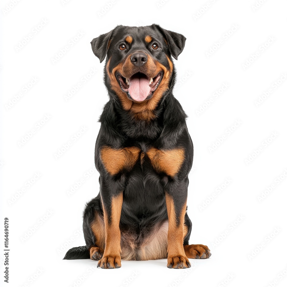 A happy Rottweiler dog sitting proudly with a big smile, showcasing its friendly and loyal nature, perfect for pet lovers. A happy Rottweiler dog sitting proudly with a big smile, showcasing its friendly and loyal nature, perfect for pet lovers.