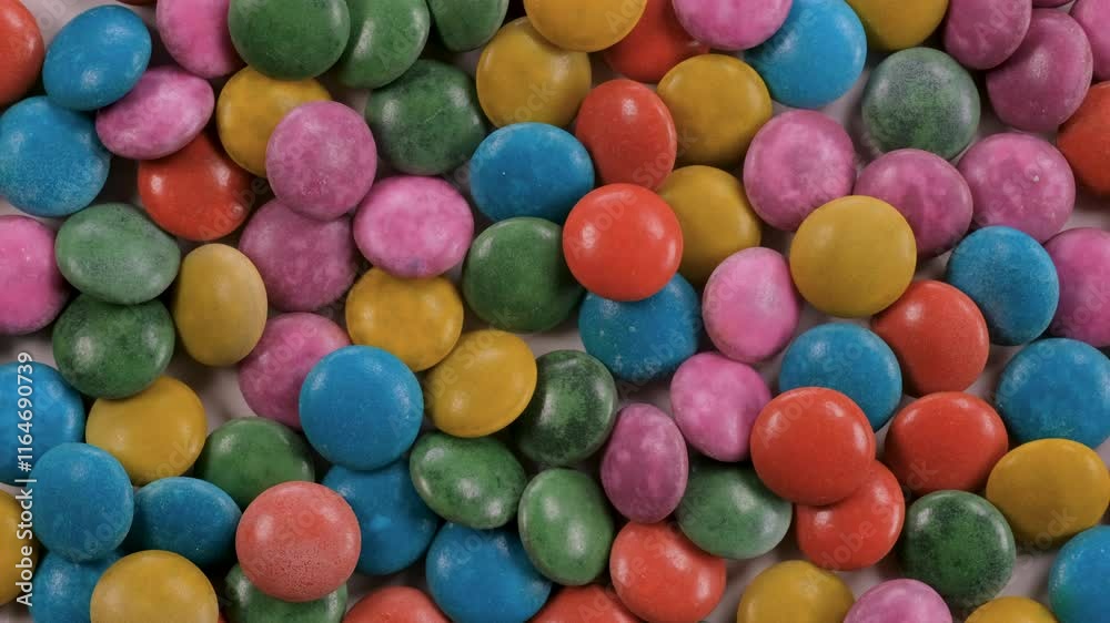 Top down view. Heap of multi colored dragees. Glazed bonbon candies. Slider shot. Sweet treats, desserts, snacks, confectionery concepts. 4k Top down view. Heap of multi colored dragees. Glazed bonbon candies. Slider shot. Sweet treats, desserts, snacks, confectionery concepts. 4k
