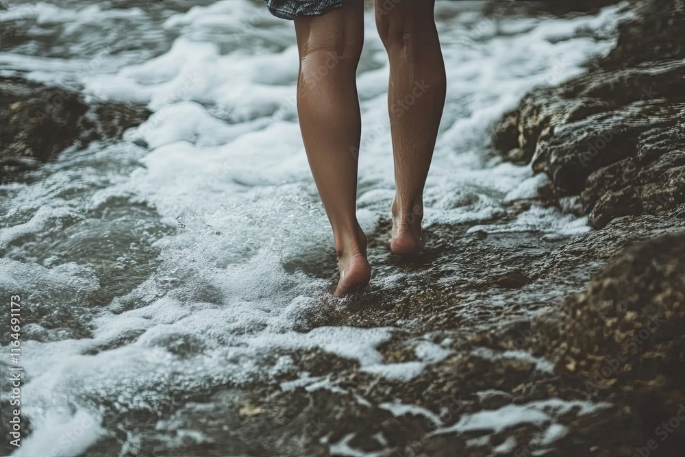 Bare feet walking on wet rocks near ocean waves Bare feet walking on wet rocks near ocean waves