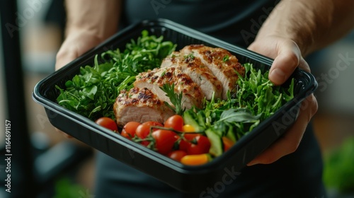 Man holding a plastic black container box with healthy fitness meal including white meat, fresh green salad and vegetables. Tasty lunch with high protein foods, for muscle building, gym interior