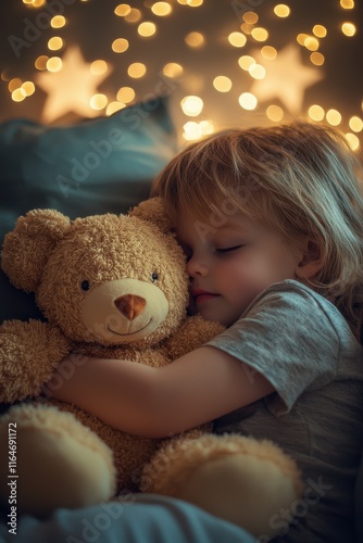 Child peacefully sleeping while hugging a teddy bear surrounded by soft glowing lights