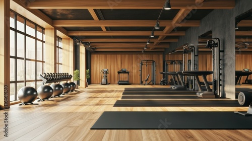 Modern gym interior design. Luxury fitness and stretching room with wood details and black ceiling. 3D Rendering, 3D Illustration