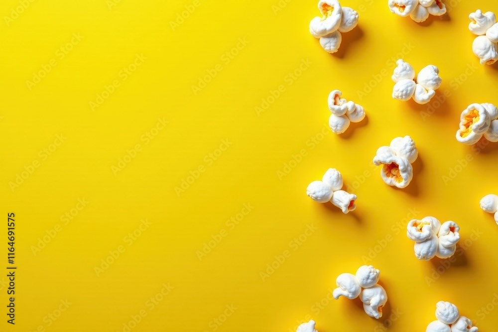 Steaming hot popcorn scattered on a bright yellow background, delicious, warm, snack Steaming hot popcorn scattered on a bright yellow background, delicious, warm, snack