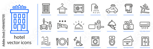 hotel icons, temporary housing icon set, room, shower, reception and more simple symbols, linear vector illustration, outline editable stroke