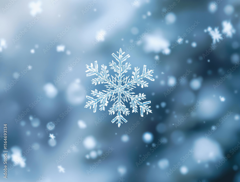 Close-up of a Single Snowflake in Focus, Falling Gently with Blurred Snowfall in Background, Winter Serenity, Soft Cool Lighting, Intricate Crystal Details - 一片清晰的雪花特写,缓缓飘落,背景为模糊的雪景,冬日宁静,柔和的冷光,精致的晶体细节 Close-up of a Single Snowflake in Focus, Falling Gently with Blurred Snowfall in Background, Winter Serenity, Soft Cool Lighting, Intricate Crystal Details - 一片清晰的雪花特写,缓缓飘落,背景为模糊的雪景,冬日宁静,柔和的冷光,精致的晶体细节