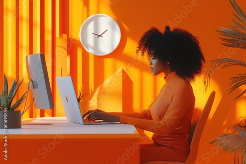 Woman working on a laptop in a vibrant orange workspace with plants and a clock on the wall photo