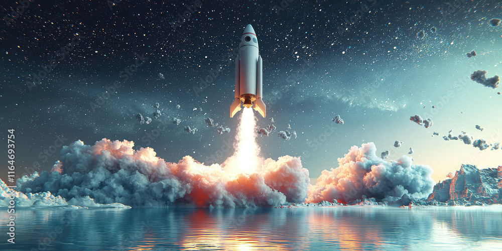 Fototapeta premium Abstract 3d wallpaper with futuristic space rocket on background with clouds of smoke. Creative banner of innovation, startup, project launching