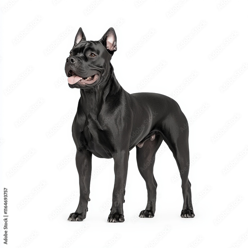 Fototapeta premium A majestic black Cane Corso standing proudly, showcasing its strong physique and playful demeanor in a studio setting.