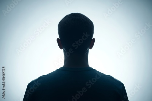 A back view of a man in a black t-shirt is shown in a black and white image, with his head turned to the side, standing against a white background. photo