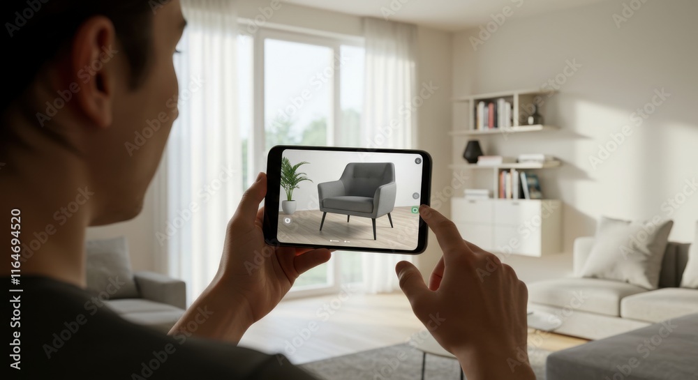 Augmented reality furniture shopping: virtual chair placement in modern living room Augmented reality furniture shopping: virtual chair placement in modern living room