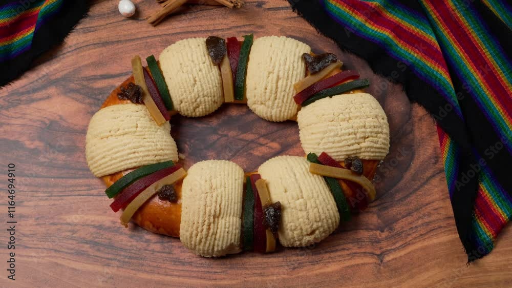 Traditional rosca de reyes magos or three kings bread on a wooden table, January 6th, Epiphany Day Traditional rosca de reyes magos or three kings bread on a wooden table, January 6th, Epiphany Day