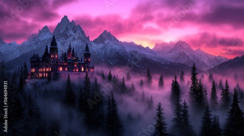 The silhouette of a grand castle nestled among misty mountains at twilight, evoking a sense of mystery and enchantment in a serene and magical setting. photo