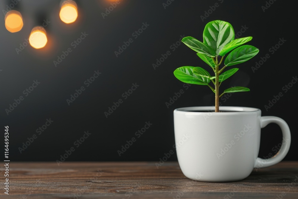Vibrant green plant growing in white mug on wooden table Vibrant green plant growing in white mug on wooden table