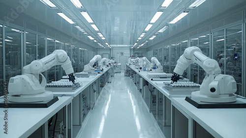 Workers in a modern industrial facility hold up cardboard signs in protest. The scene captures an organized labor demonstration with machinery and robotic arms in the background