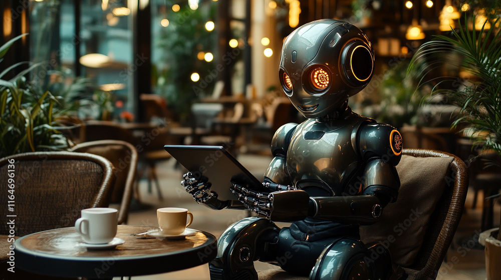 A humanoid robot sits in a modern café, engaging with a tablet while surrounded by a cozy atmosphere, bright lighting, and people in the background A humanoid robot sits in a modern café, engaging with a tablet while surrounded by a cozy atmosphere, bright lighting, and people in the background