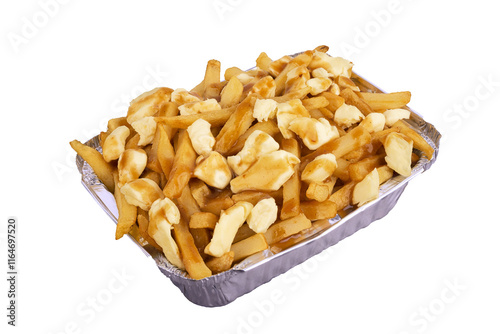Poutine in a takeout container. Cooked with french fries, beef gravy and curd cheese. Canadian cuisine. Isolated on white background and cut out.