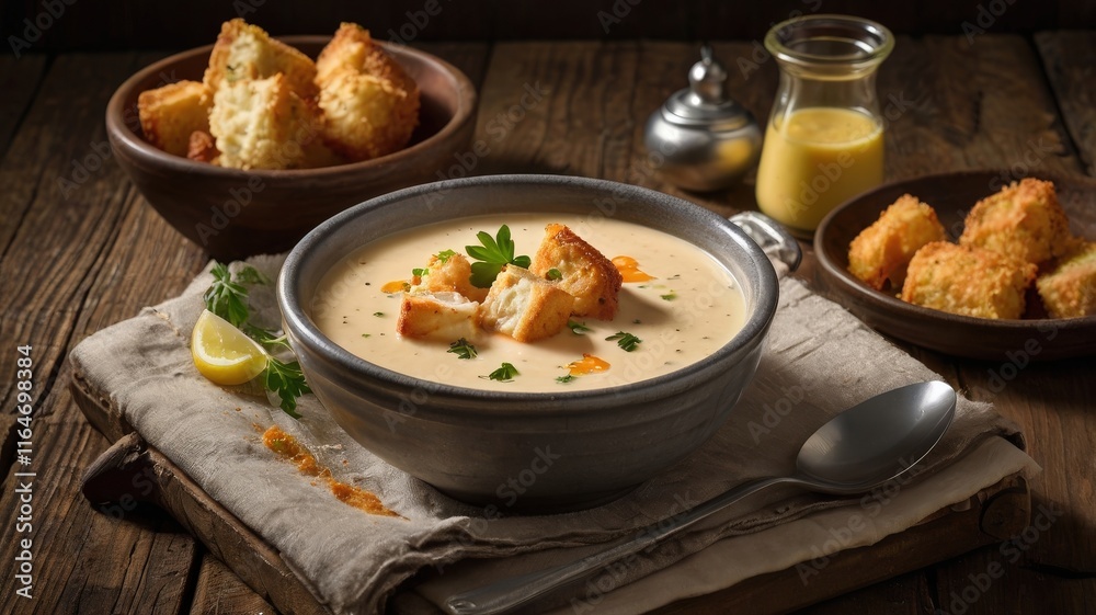 Rustic French Fish Soup Puree with Croutons and Aioli Sauce Rustic French Fish Soup Puree with Croutons and Aioli Sauce