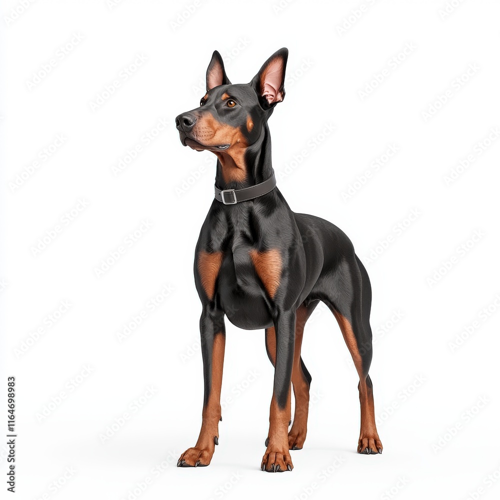 A proud Doberman standing alert with a strong posture and attentive gaze, showcasing its intelligence and loyalty. A proud Doberman standing alert with a strong posture and attentive gaze, showcasing its intelligence and loyalty.