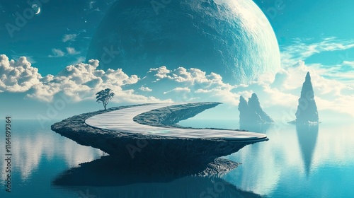 Alien Planet Road Curves Over Water Towards Distant Moon