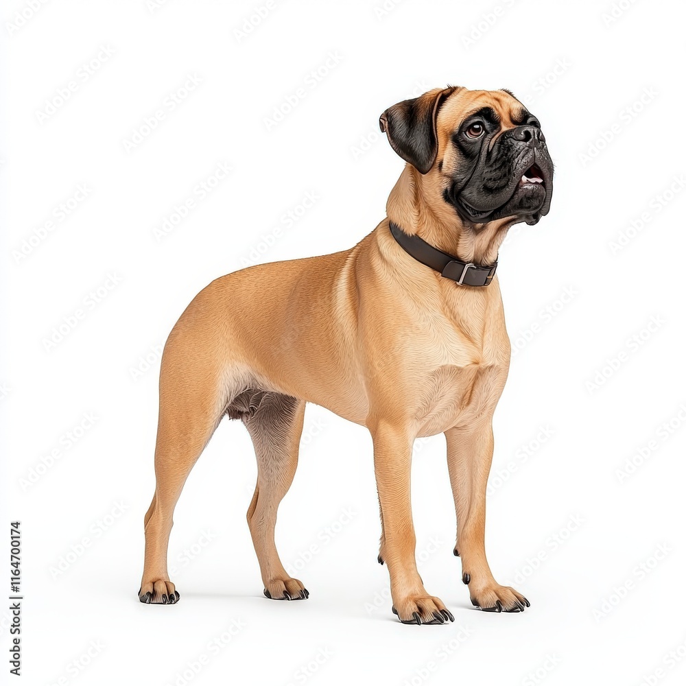 A strong and friendly Mastiff dog standing proudly, showcasing its unique features and breed charisma in a clean and minimalistic setting. A strong and friendly Mastiff dog standing proudly, showcasing its unique features and breed charisma in a clean and minimalistic setting.