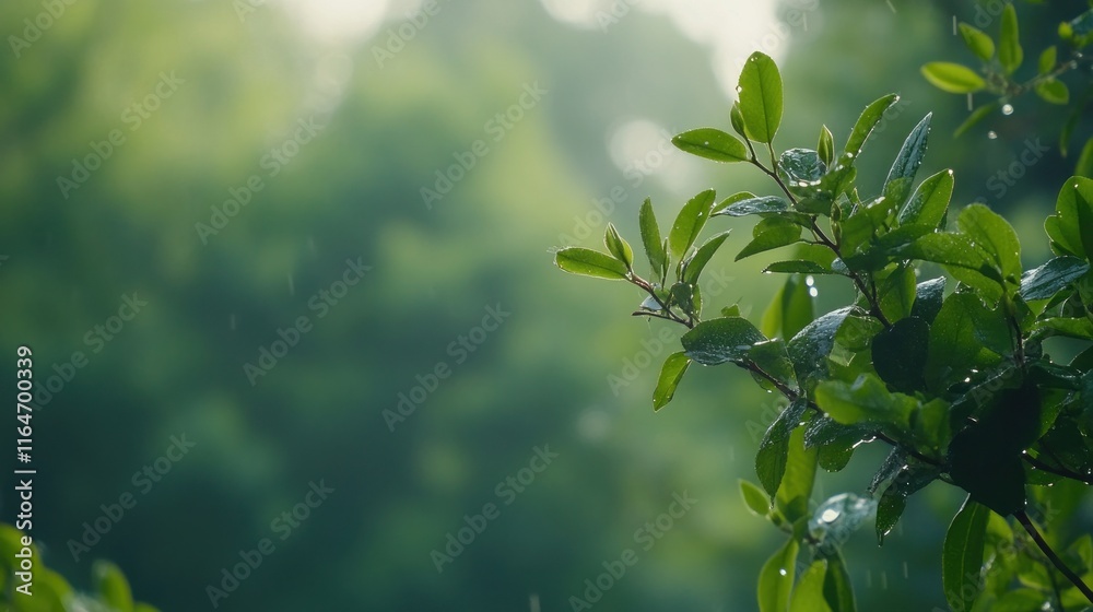 Obraz premium Rain drops on green leaves, blurred background.