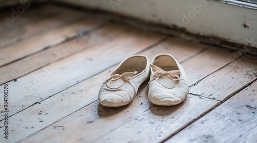 Worn ballet slippers on wooden floor. photo