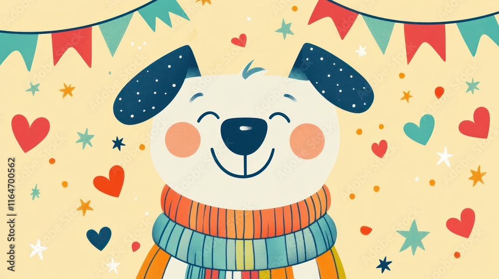 Fototapeta premium Happy dog wearing a colorful scarf surrounded by hearts and stars.