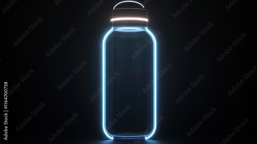 Illuminated glass bottle with neon light outline on dark background. Illuminated glass bottle with neon light outline on dark background.