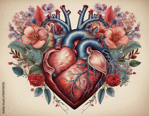 An artistic anatomical heart illustration is decorated with delicate pink flowers, raspberries, and foliage in a vintage botanical style.