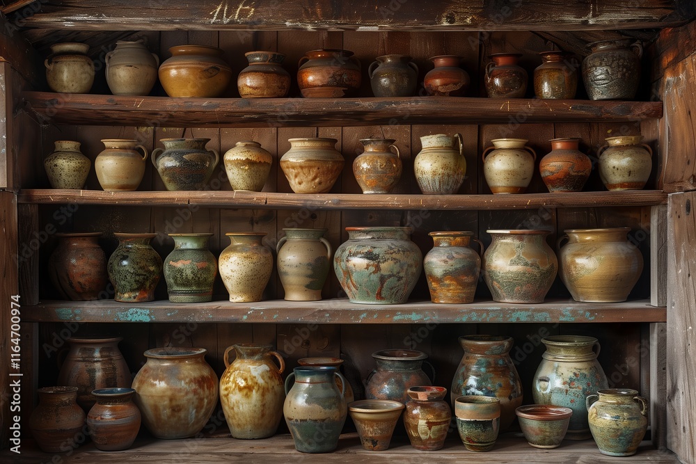 A collection of traditional clay pots arranged neatly on wooden shelves, showcasing diverse artistic designs and colors. A collection of traditional clay pots arranged neatly on wooden shelves, showcasing diverse artistic designs and colors.