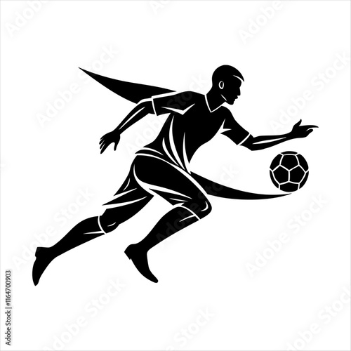 black vector of soccer player silhouette in dynamic movement, minimalist logo style