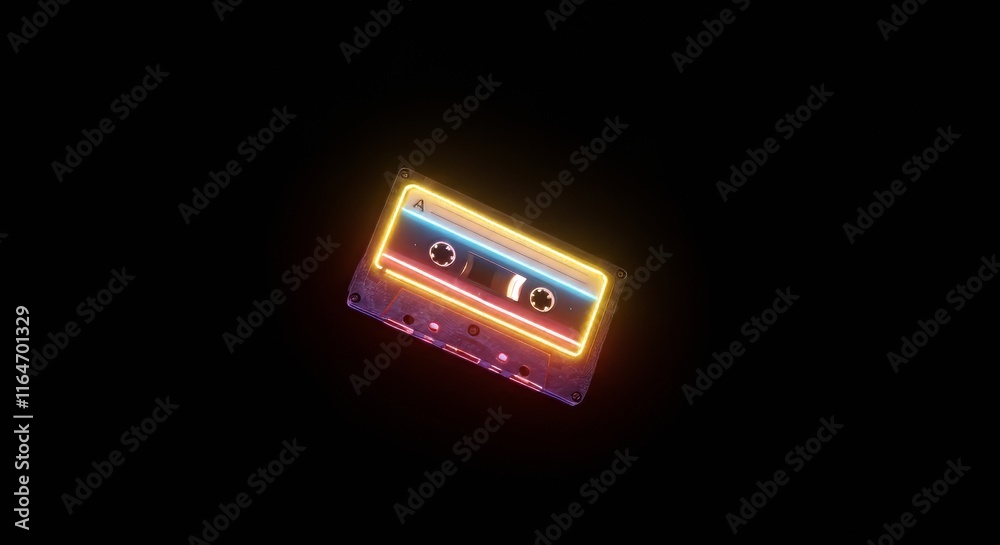 Neon glowing cassette tape on black background: retro music concept Neon glowing cassette tape on black background: retro music concept