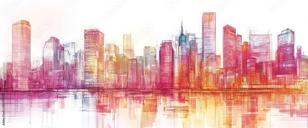 Obraz premium Vibrant watercolor cityscape skyline reflecting on water.