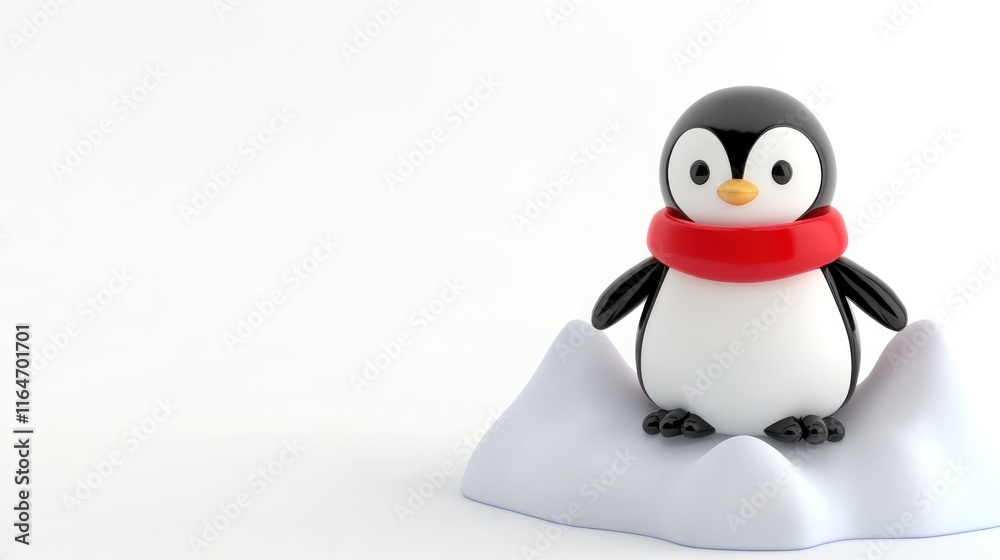 Fototapeta premium Cute cartoon penguin wearing a red scarf perched on a small snowdrift against a white background.