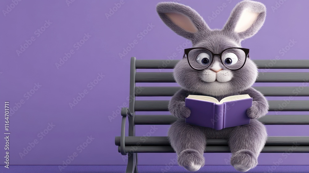 Obraz premium Cute cartoon bunny rabbit wearing glasses sits on a park bench reading a book.