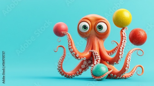 Cute cartoon octopus juggling colorful balls on blue background.