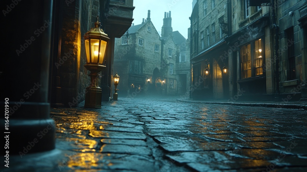 Obraz premium Misty cobblestone street with antique gas lamps at night.