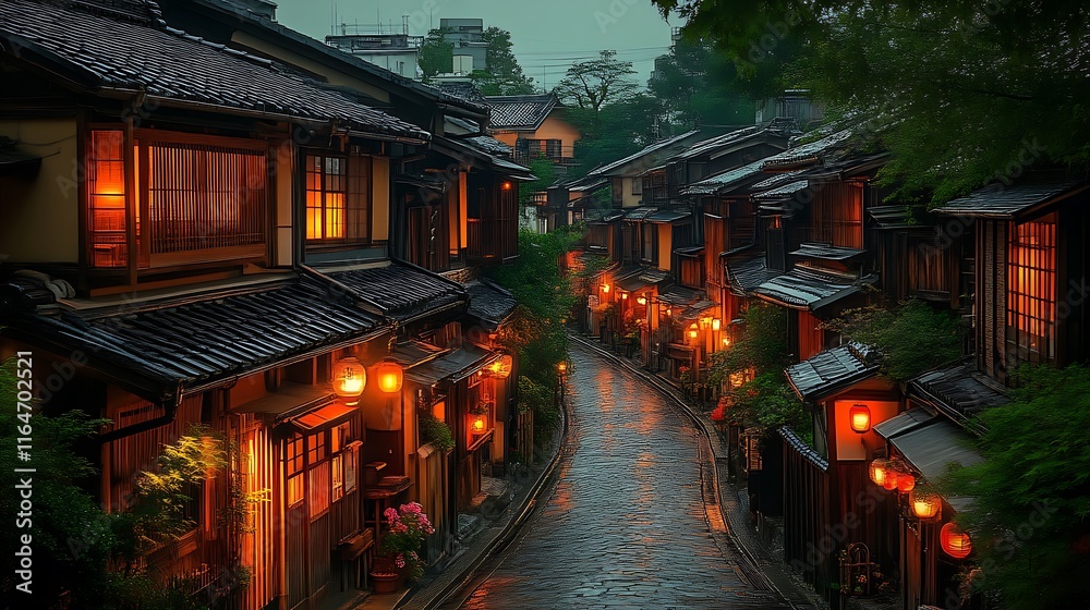 Fototapeta premium Illuminated Japanese Street at Night A Tranquil Evening Scene