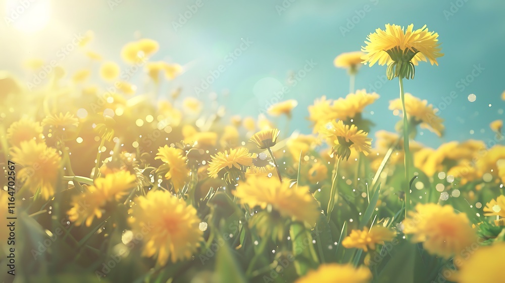 Bright yellow dandelions blooming in a sunny field Bright yellow dandelions blooming in a sunny field