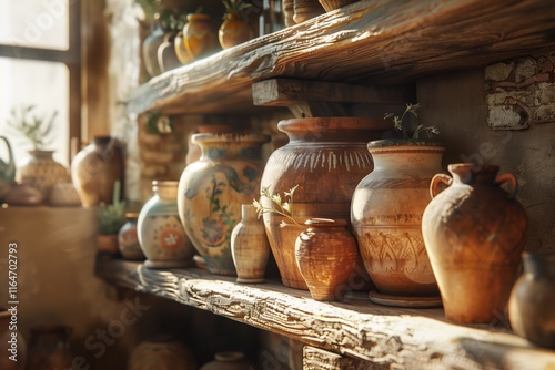 A beautiful display of traditional pottery on wooden shelves, showcasing unique designs and craftsmanship. photo