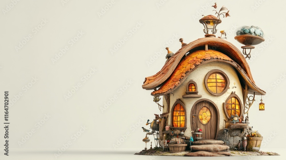 Fototapeta premium Whimsical fairytale cottage with round windows, orange roof, and magical details on white background.